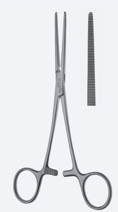 Зажими, хірургічні, гемостатичні, "Rochester-Pean", прямі, зубчасті щелепи, з кремальєрою, загальна довжина 160 мм. Бренд - Asanus Medizintechnik Gmb, Німеччина